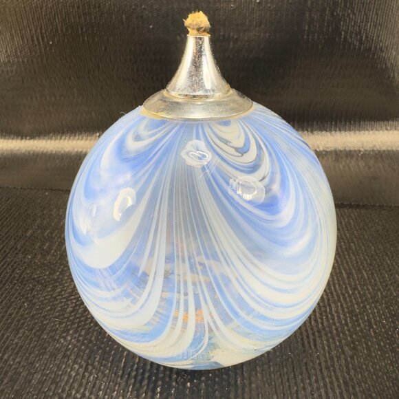 Vintage Pulled Feather Art Glass Oil Lamp Container Orb Blue White Dot Container - Picture 9 of 11
